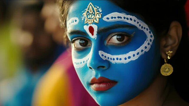 Close-up portrait of a young woman with elaborate face paint.