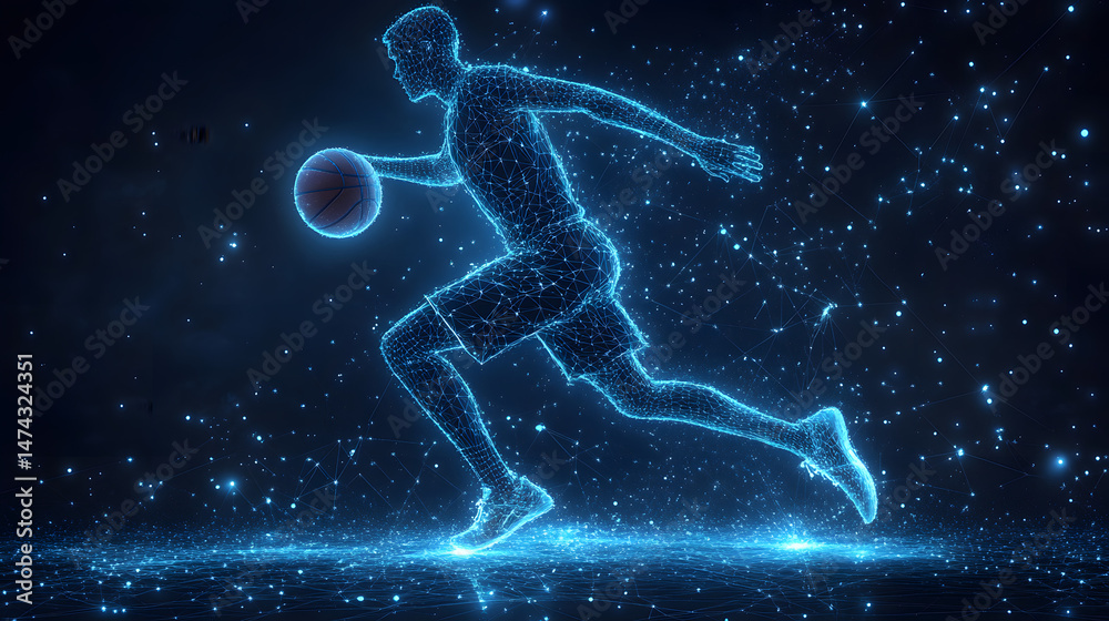 Leinwandbilder dynamic digital art showcases a basketball player in motion, composed of interconnected lines and po