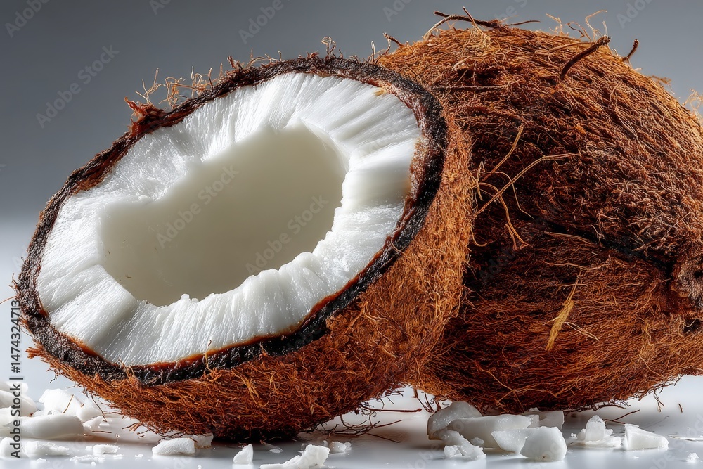 Poster freshly cracked coconuts revealing white flesh on a gray background with flakes scattered around