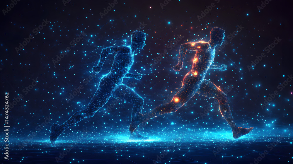 Poster Futuristic runners depicted as interconnected nodes, one blue and the other red/orange, against a dark backdrop. A dynamic data visualization. Abstract wireframe in dark blue.