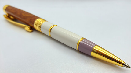Fototapeta premium A gold and white pen with a wooden casing