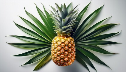 Fototapeta premium fresh ripe pineapple with vibrant green leaves and unique texture on white background