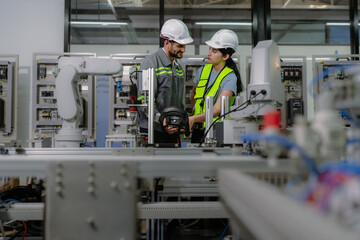 Group of hispanic people working on robot programming in robotic and electronic engineering laboratory. Latino engineer team learning and research automated machine with intelligent mechanical control