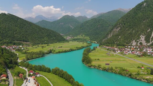 Soca River in Posocje Valley near town of Tolmin. Aerial at day time