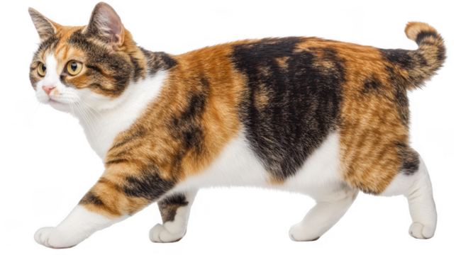Beautiful Calico Cat Walking with Grace on PNG transparent background