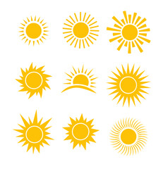Sun icon vector set. Flat design. Collection of sun stars. Logo or weather icon