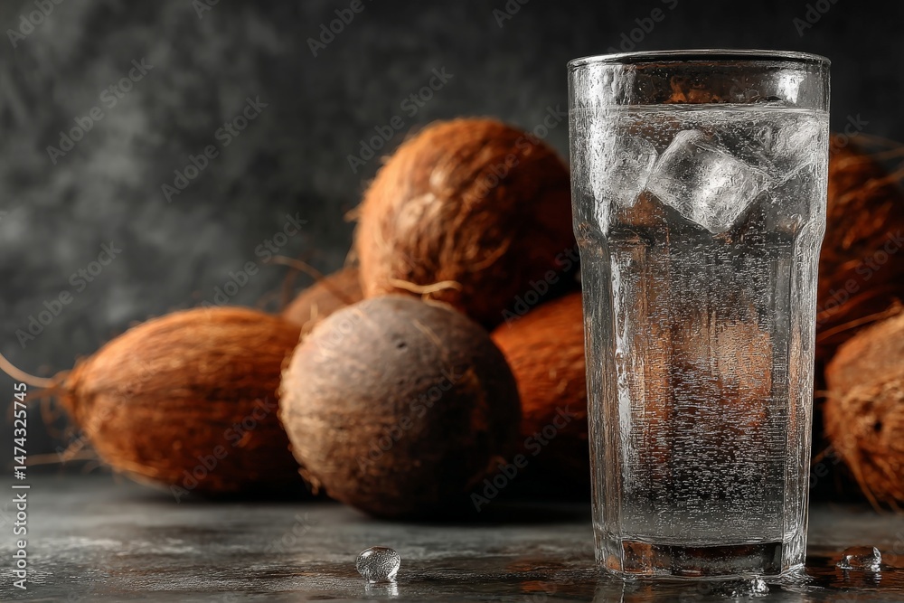 Aufkleber refreshing drink with ice in a glass alongside exotic coconuts in a dimly lit setting