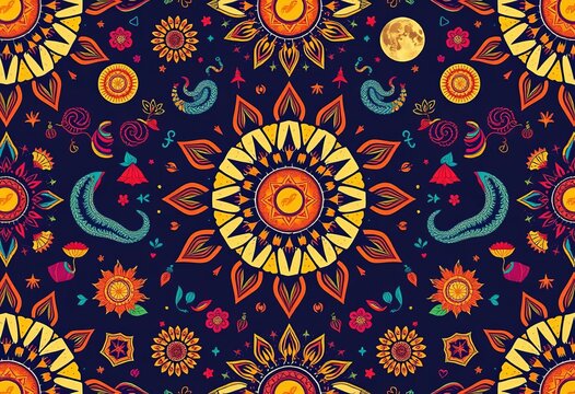 Boho seamless pattern featuring sun, moon, snakes, and magical elements in a mystical design, reptile, cosmic