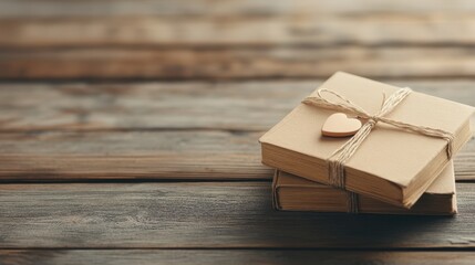 A stack of neatly wrapped books tied with twine and adorned with a heart-shaped tag sits on a rustic wooden surface, perfect for conveying themes of love, knowledge, or gift-giving,