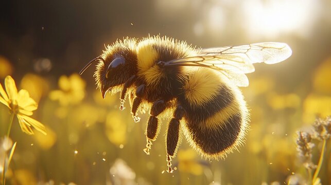 A fluffy bumblebee flies over a field of yellow wildflowers, bathed in sunlight