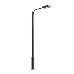 Full-body view of a modern streetlight, sleek minimalist design, matte black or metallic finish, complete pole from base to light head visible, LED light fixture with clean lines, photorealistic 