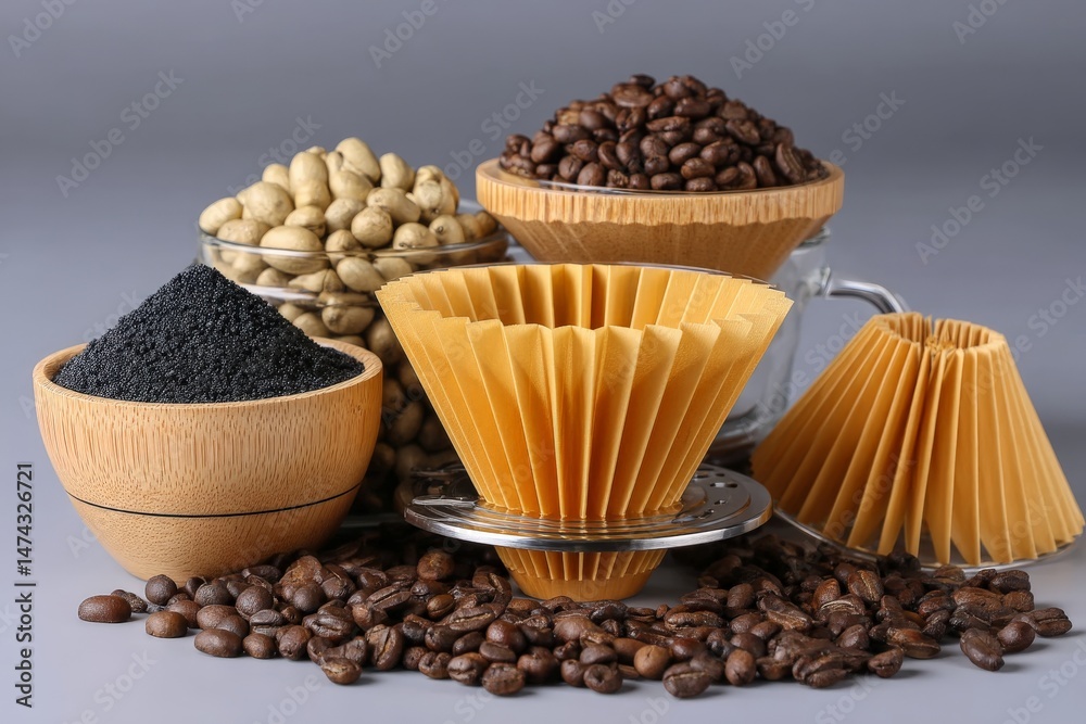 Poster Coffee preparation tools and ingredients on display in a rustic kitchen setting
