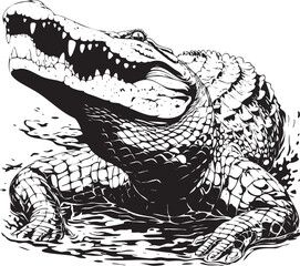 Fototapeta premium Crocodile crawling from river bank in stylized black and white art
