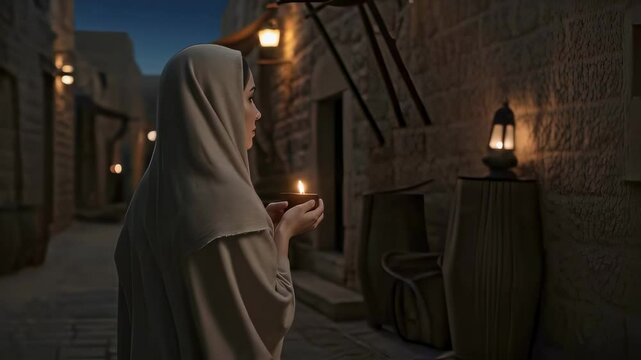 A woman holds an oil lamp on the street of an ancient city. The Gospel Bible parable of the ten virgins with oil lamps