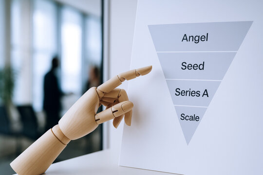 Entrepreneurship and startups funding stages visualized with wooden hand model pointing at business growth funnel chart