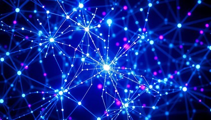 Cosmic web of glowing blue & purple nodes, intricate technological connections, reality, futuristic