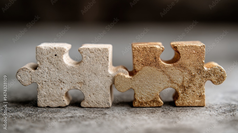 Poster two interlocking puzzle pieces illustrating the concept of identifying missing elements and filling 
