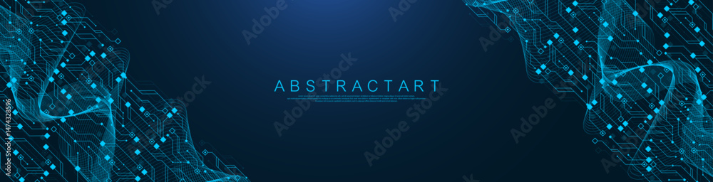Fototapete Artificial Intelligence or machine learning vector design. Quantum computer technology concept with circuit board and motherboard texture background design. Waves flow quantum explosion