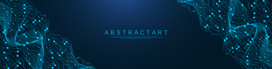 Artificial Intelligence or machine learning vector design. Quantum computer technology concept with circuit board and motherboard texture background design. Waves flow quantum explosion