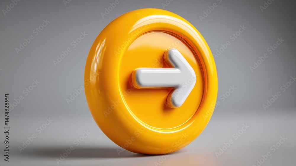 Poster yellow circular button with an upward arrow indicating progress and follow-up in conceptual visual c