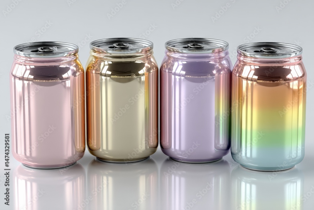 Poster Shiny metallic cans in various iridescent colors displayed neatly on a smooth surface