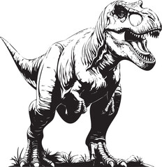 Standing T-Rex dinosaur in detailed black and white ink drawing
