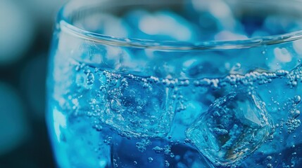 Glass of Transparent Blue Water with Ice Cubes Reflecting Light