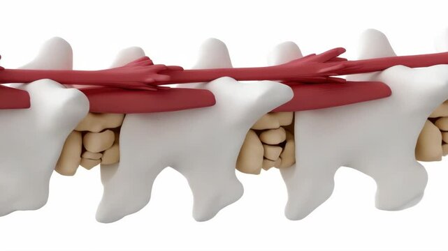 Anatomical model of human spine illustrating vertebrae, intervertebral discs, and spinal nerves, highlighting structure and function of spinal column and its role in supporting body.