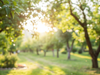 Fototapeta premium A sun-drenched orchard or grove features vibrant green foliage with sunbeams and dappled shadows falling on a path that leads through the tranquil natural setting.