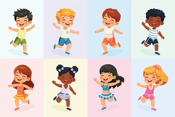 Set of smiling international kids playing and running. Cartoon character in flat design style isolated on color background. Poster, Banner, Flyer, Summer time. Vector illustration