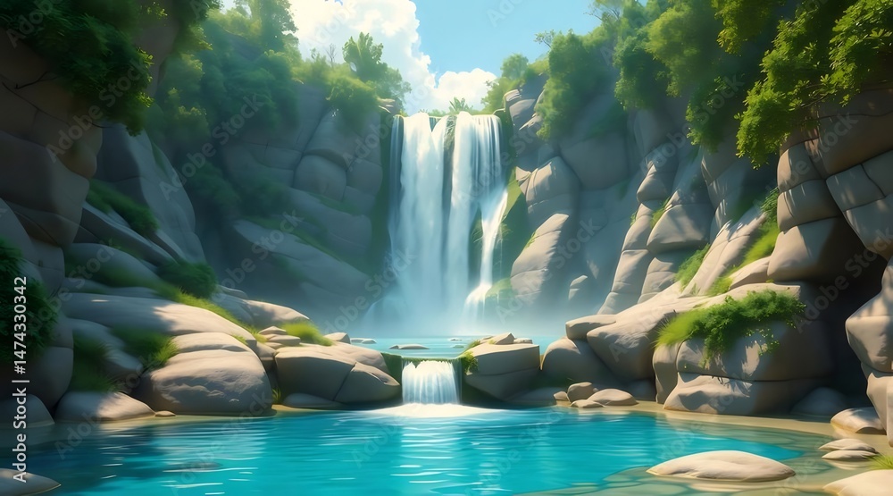 Poster ターコイズブルーの水が流れる滝と岩の多い地形が特徴の、緑豊かな夏の風景 穏やかな雰囲気と自然の美しさを演出