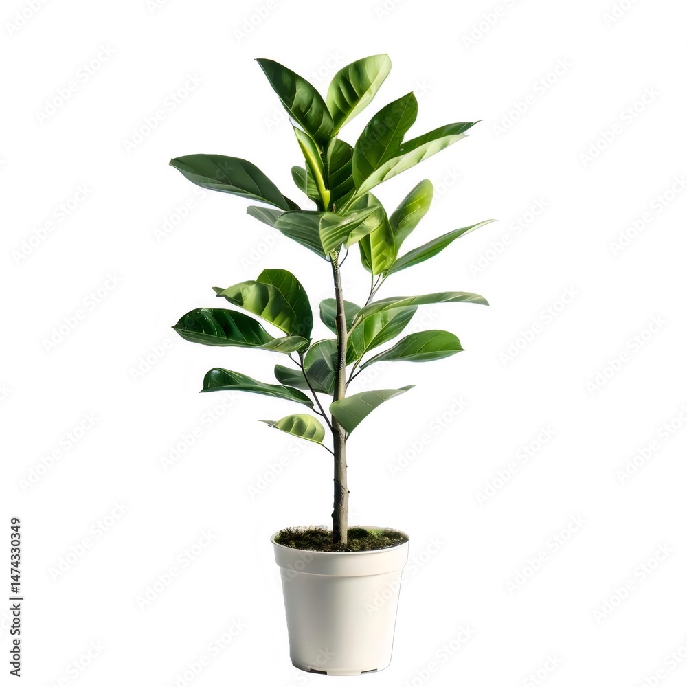 Aufkleber 白い背景に白い鉢に入った緑の葉を持つ小さな植物のクローズアップ 静かで穏やかな雰囲気を示し 屋内装飾とシンプルな美的センスに最適です