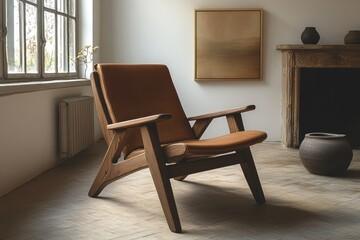 A brown wooden chair in a simple, minimalistic room interior