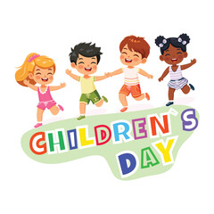 Smiling international kids playing and running. Cartoon character in flat design style isolated on white background. Poster, Banner, Flyer, Summer time. Vector illustration
