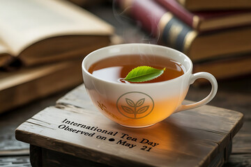 Steaming cup of tea with leaf celebrating international tea day on wooden surface