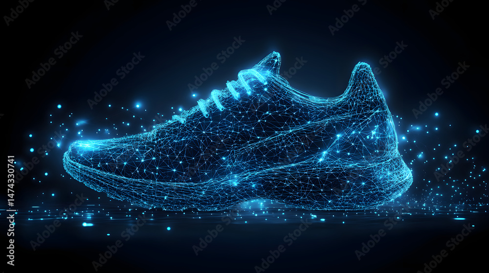 Poster futuristic running shoe depicted as a glowing blue wireframe against a dark blue backdrop, surrounde