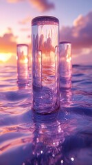 Clear Glass Reflections on Ocean at Sundown Serene Coastal Sunrise Nature Purple Artistic Background