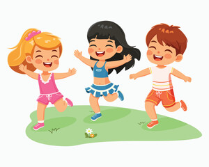 Smiling international kids playing and running. Cartoon character in flat design style isolated on white background. Poster, Banner, Flyer, Summer time. Vector illustration