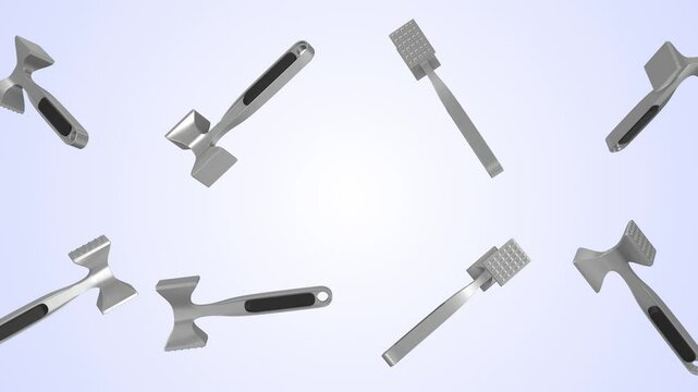 Meat Tenderizers Falling on a Light Blue Background. Metal Meat Tenderizer. 4K