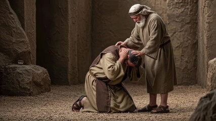 Man kneeling before elderly father in biblical scene. Prodigal son returns home. Concept of forgiveness and reunion for greeting card and religious theme	 - Powered by Adobe