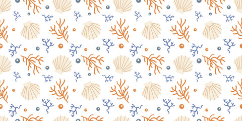 eamless sea botanical pattern with coral reef elements and underwater foliage. Use for textiles, eco branding, and wallpaper designs, birthday card, prints.