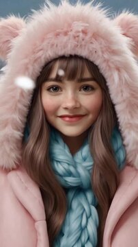 Excited, bright-eyed girl with rosy cheeks smiles modestly during a snowfall, wearing a fluffy pink bear hood and a blue scarf