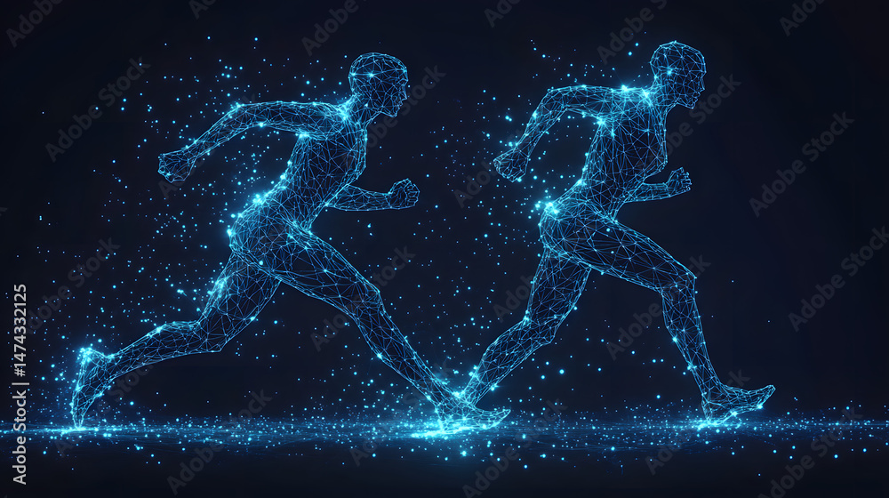 Poster Futuristic figures rendered as glowing blue wireframes sprint against a dark backdrop, surrounded by ethereal particles that enhance the dynamic sense of movement. Abstract wireframe in dark blue