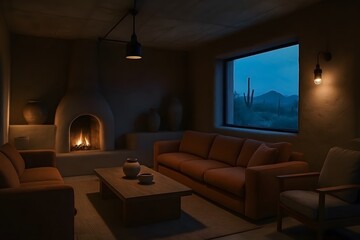 Cozy living room interior with fireplace featuring desert view and modern home decor accents in a warm ambiance