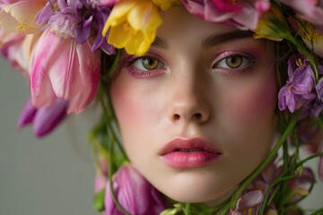 Close-up portrait of a young woman adorned with a floral crown.