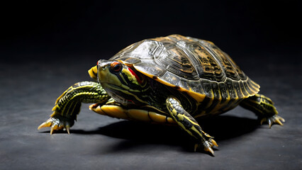 Obraz premium A close-up shot of a red-eared slider turtle on a dark, textured background.