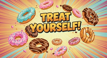 Colorful donut celebration with retro sunburst background for motivational card design