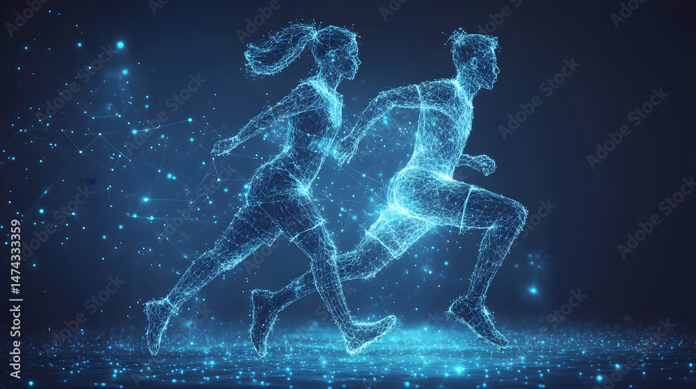 Leinwandbilder dynamic digital athletes visualized with glowing blue lines run on a dark surface. perfect for tech,
