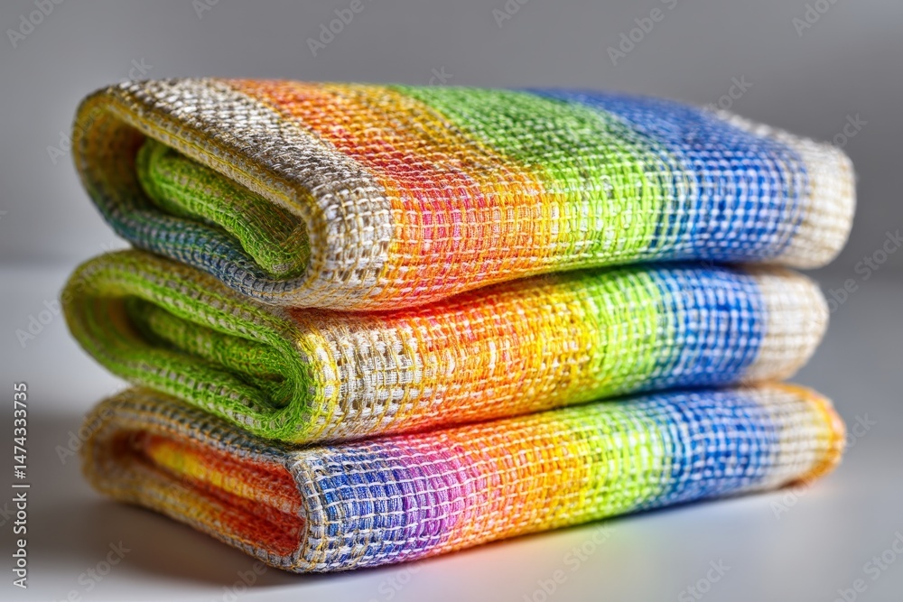Poster colorful handwoven towels stacked neatly on a white surface, showcasing vibrant rainbow patterns and