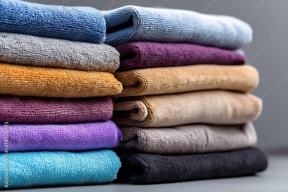 Poster Colorful towels neatly stacked on a shelf creating an organized and vibrant display